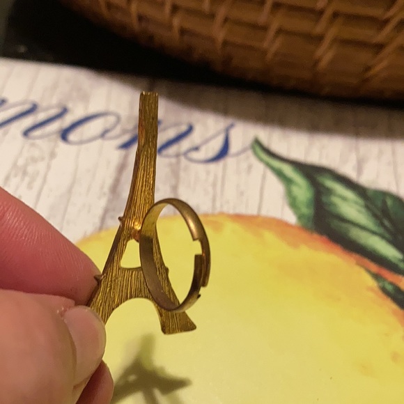 Gold tone adjustable ring with blue and pink enamel Eiffel Tower ring - Picture 3 of 4